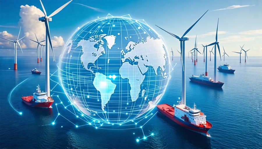 A futuristic offshore wind farm demonstrating advanced technology and logistics, illustrating the reshaping of energy futures through efficient supply chains.