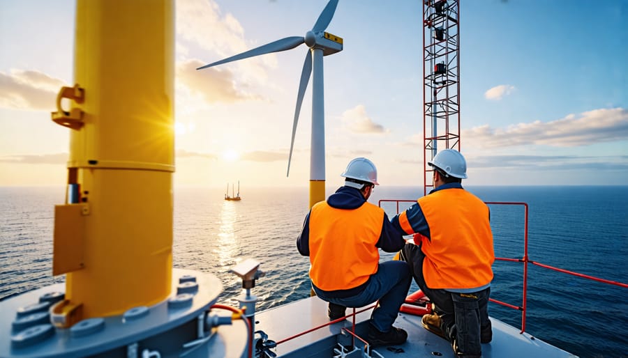 Technicians working on an offshore wind turbine, representing job creation in the industry