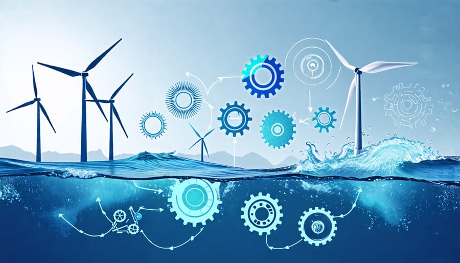 "Conceptual illustration of an offshore wind turbine lifecycle, highlighting preventive and predictive maintenance strategies with symbolic gearwheels and data streams, amidst an ocean and wind backdrop."