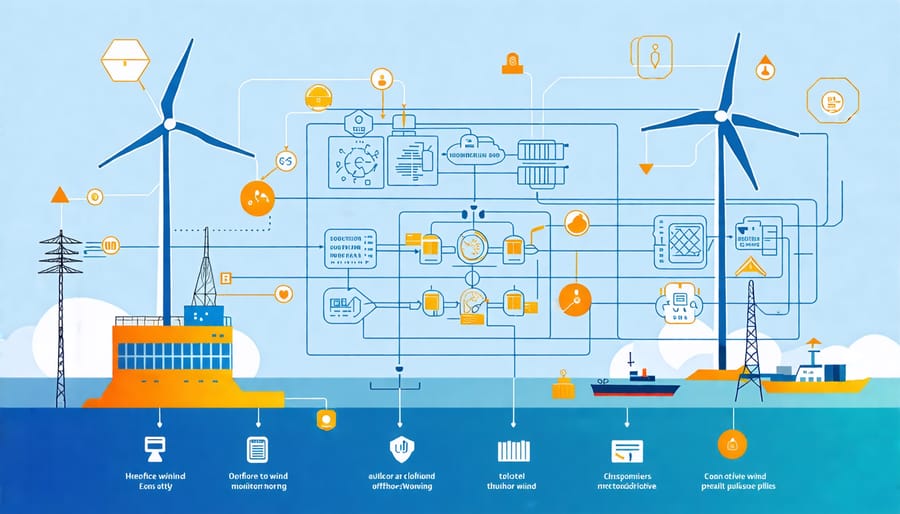 Diagram illustrating the main components and data flow in an offshore wind turbine condition monitoring system