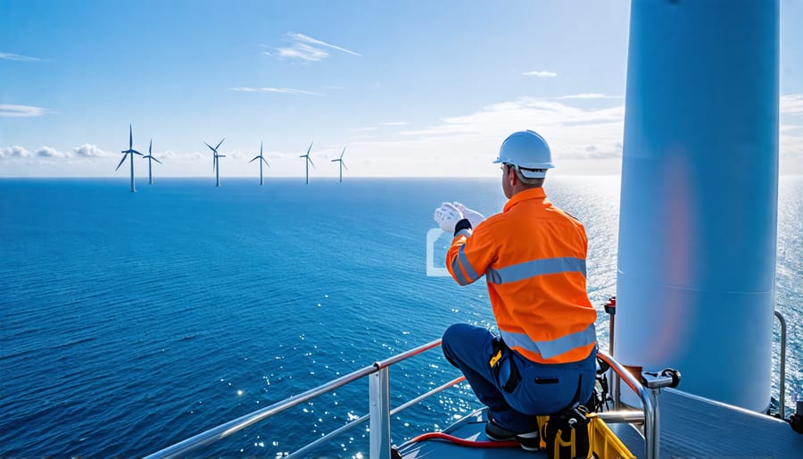 Offshore wind turbine maintenance worker inspecting a turbine with the ocean in the background