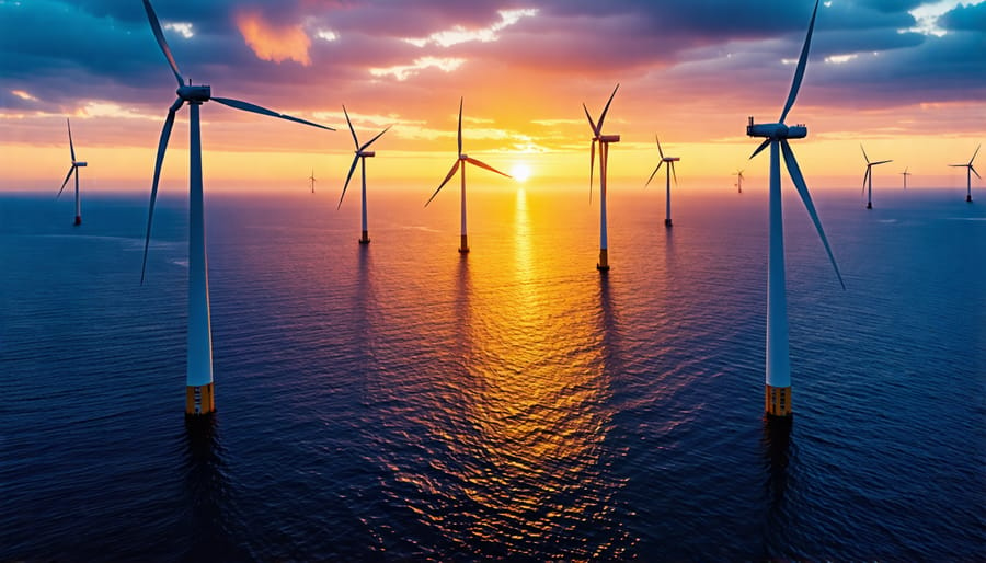 Offshore wind turbines placed in the ocean with a warm sunset in the background