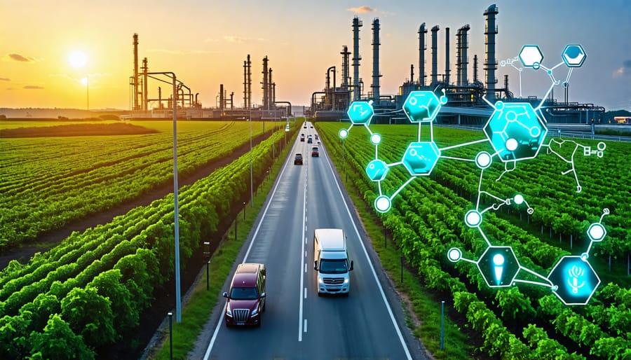 A futuristic scene showing renewable diesel and biodiesel production facilities, with green-fueled vehicles on the road, surrounded by lush greenery, highlighting the theme of sustainable green fuels.