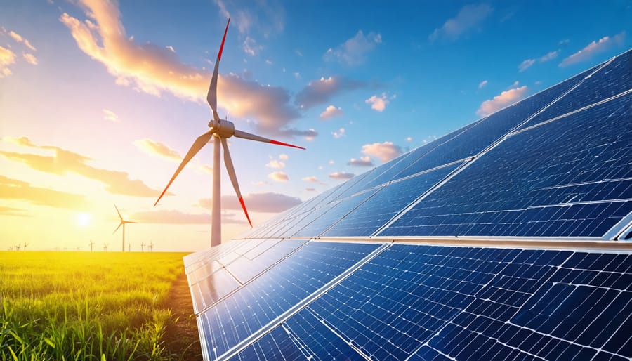 Solar panels and wind turbines representing renewable energy advancements