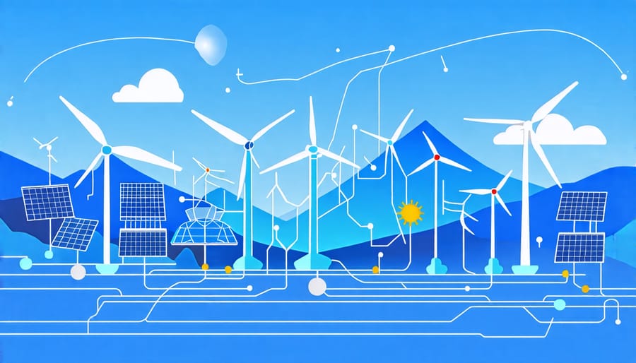 Diagram showing renewable energy sources like wind, solar, and hydro linked with data symbols