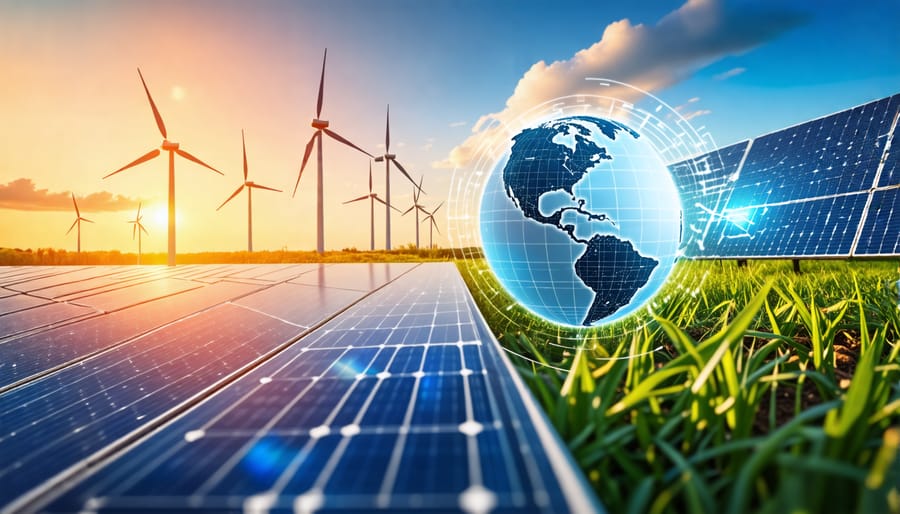 A conceptual representation of renewable energy financial planning, showcasing charts, graphs, and renewable elements like solar panels and wind turbines against a globe, symbolizing the integration of economic and sustainable strategies.