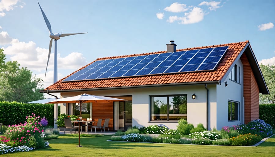 Residential home equipped with both solar panels and a wind turbine for hybrid renewable energy generation.