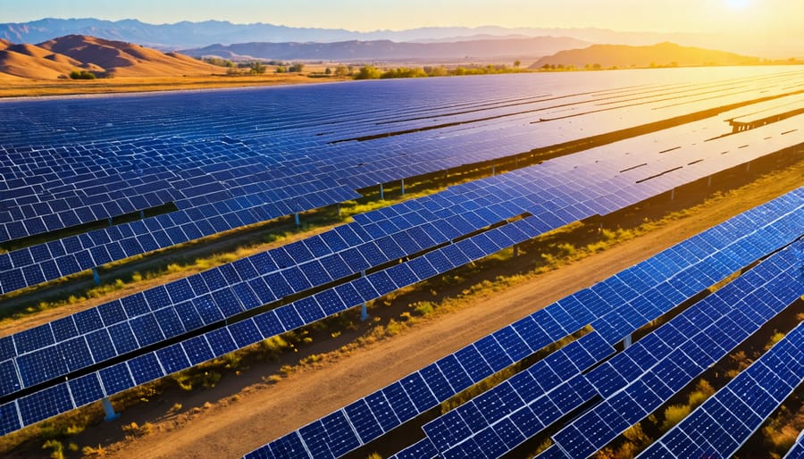 Aerial view of a solar farm illustrating renewable energy applications