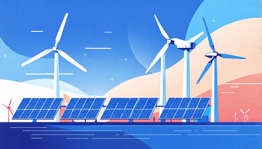 Illustration showing solar panels and wind turbines in a hybrid setup, representing their combined use for efficient energy production.