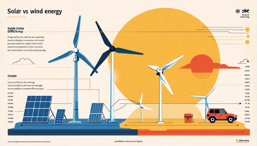 A side-by-side comparison chart showing the efficiency and costs of solar and wind energy