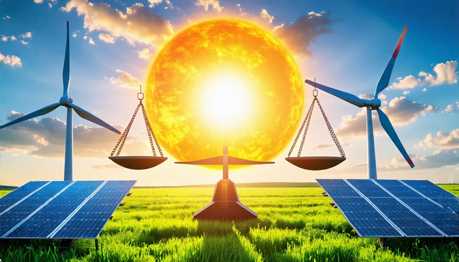 A conceptual illustration showing solar panels under the sun on one side and wind turbines in the breeze on the other, balanced by a central scale representing the comparison of solar and wind energy.