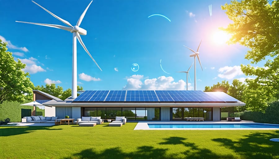 A futuristic home equipped with solar panels on its roof and wind turbines in its yard, illustrating the harmony and efficiency of a solar and wind hybrid energy system under a bright blue sky.