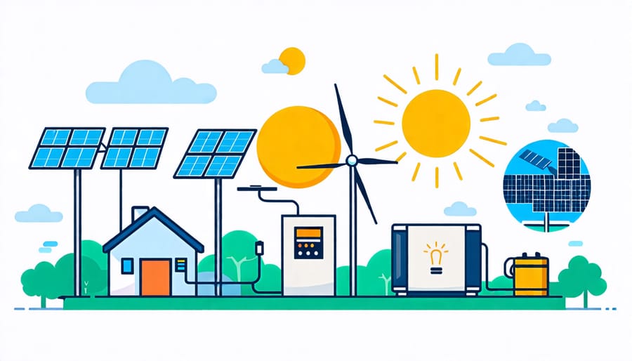 Infographic displaying the key components and their connections in a solar and wind hybrid energy system.