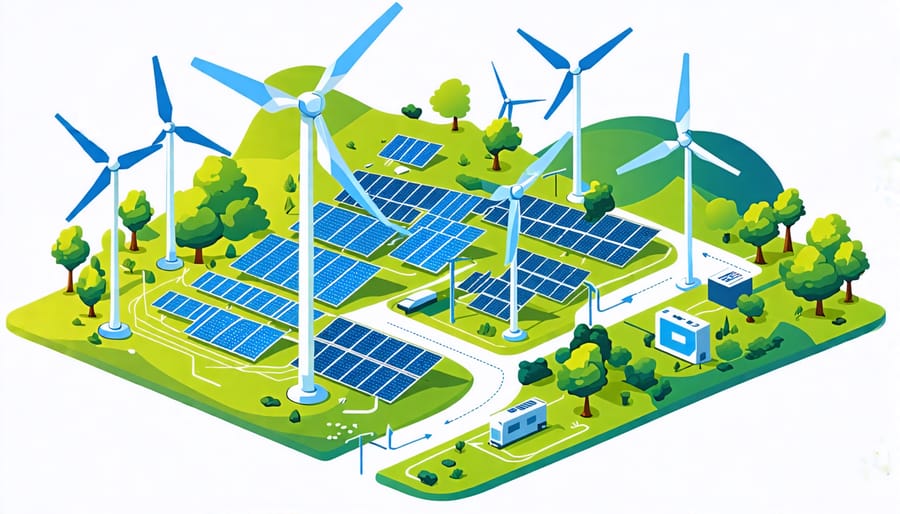 A conceptual diagram showing the layout and components of a solar and wind hybrid energy system, including panels, turbines, inverters, and batteries.