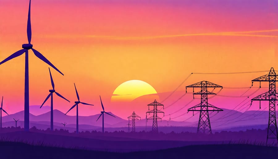 Visual depiction of wind turbines in a vast field, catching the evening sunlight, illustrating the process of harnessing wind power for sustainable energy production.