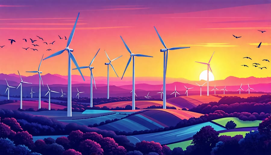 "Illustration of a wind farm at sunset, featuring large wind turbines both on land and offshore, symbolizing the sustainable and innovative aspects of wind energy."