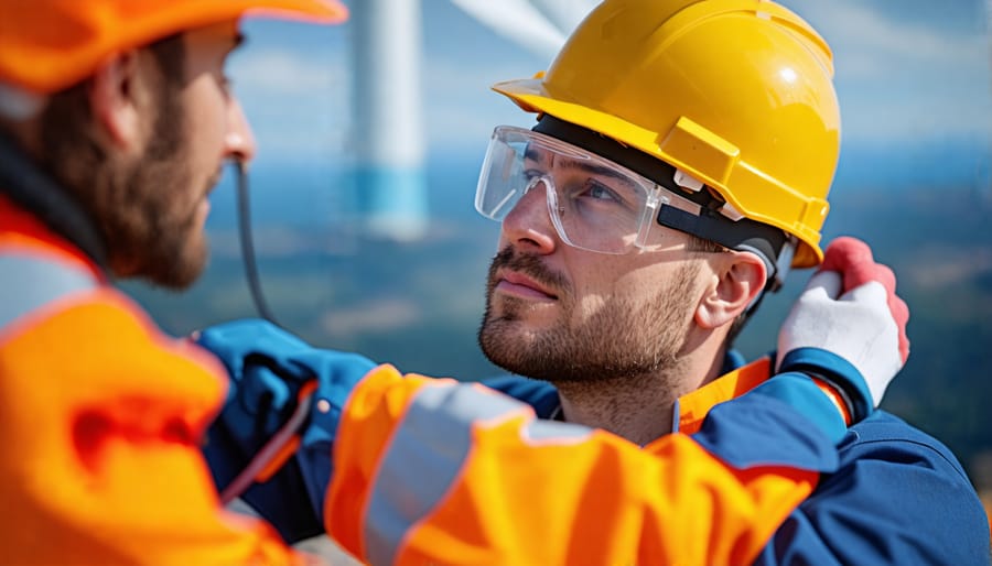 Wind turbine technician following proper safety protocols during 3 phase wiring work