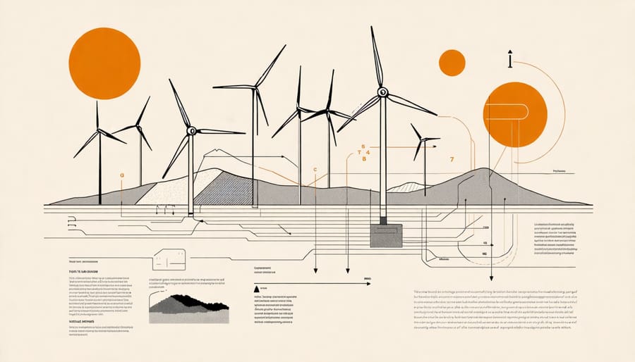 Illustration of technological advancements in wind turbine design and wildlife protection