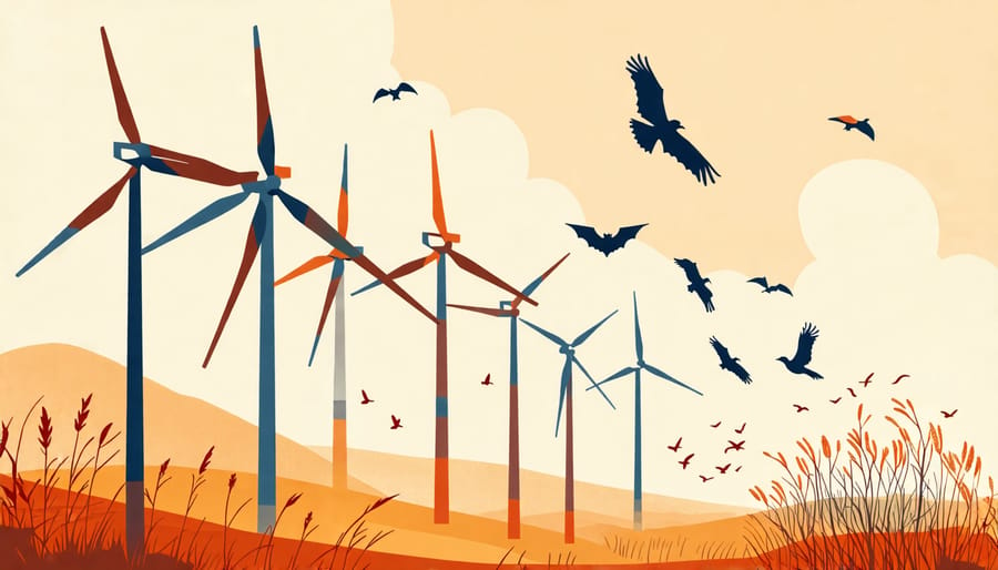 Conceptual image of wind turbines with birds and bats flying around them