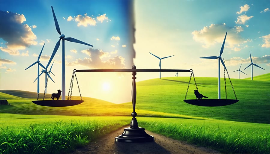 A conceptual illustration of a balance scale weighing the pros and cons of wind energy, with clean landscapes and wind turbines on one side, and environmental impacts on the other.