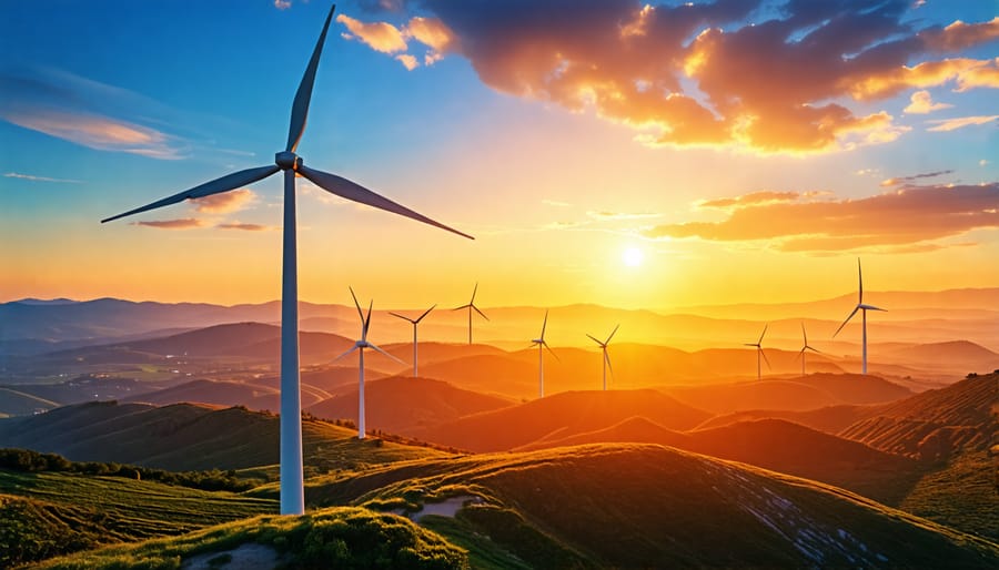 A wind turbine set against a rising sun symbolizing new career opportunities in the wind energy sector, highlighting the themes of innovation and sustainability.