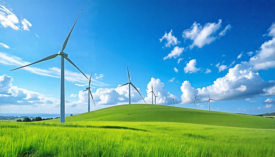 Scenic depiction of wind turbines on a rolling hill, highlighting the integration of clean energy technology within a natural landscape.