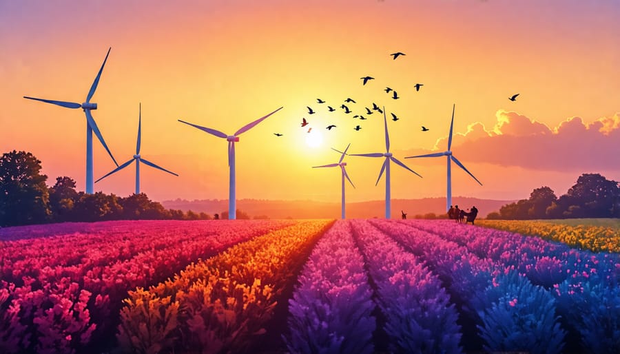 Conceptual illustration of wind turbines integrated into a landscape with safe flying birds and adjacent agricultural land under a sunrise sky.