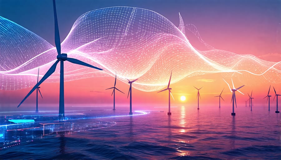 Futuristic wind turbine with biomimetic blades and a backdrop of offshore floating turbines, representing innovations in wind energy technology.