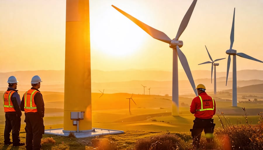 Wind turbine maintenance workers representing economic benefits and job creation