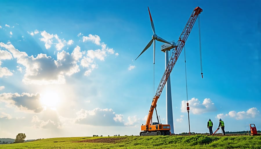 Wind energy industry workers installing a turbine, symbolizing economic benefits and employment