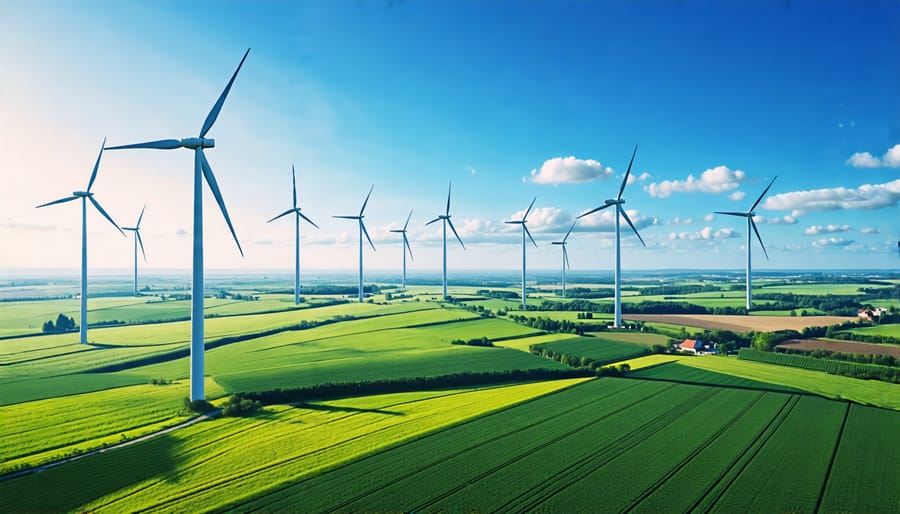 A sprawling wind farm with multiple turbines set against a sunny, clear sky, symbolizing the synergy between renewable energy and agricultural land use.