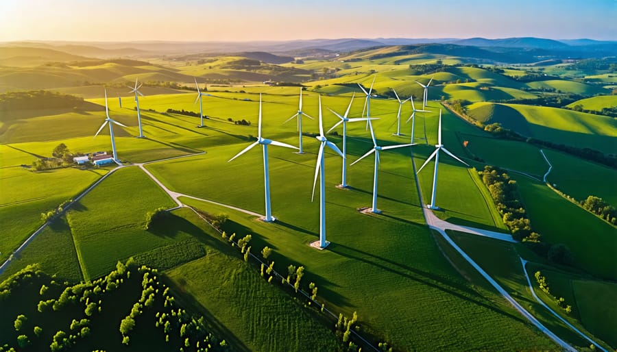 Bird's-eye view of a wind farm with multiple wind turbines spread across a wide landscape