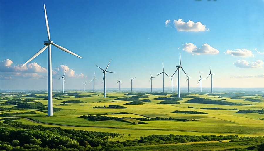 Wind turbines in a wind farm under a clear blue sky