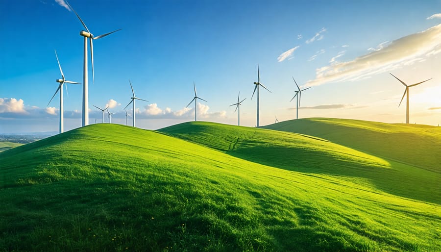 Wind turbines generating clean energy on a grassy hillside