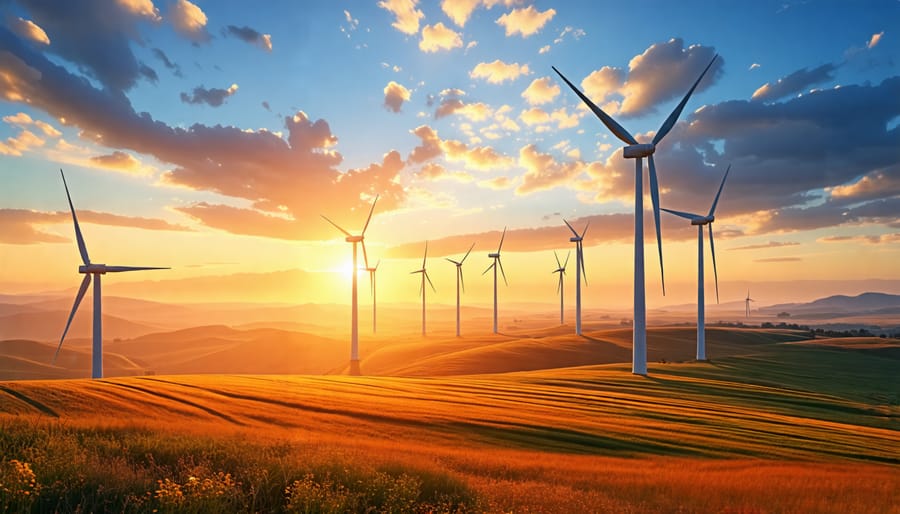 An expansive wind farm with operational wind turbines under a blue sky