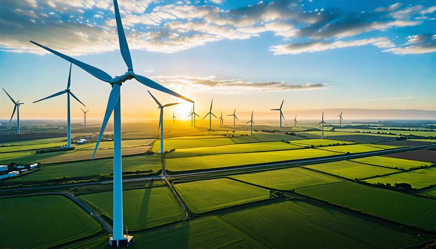 Aerial view of a wind farm's layout and grid integration