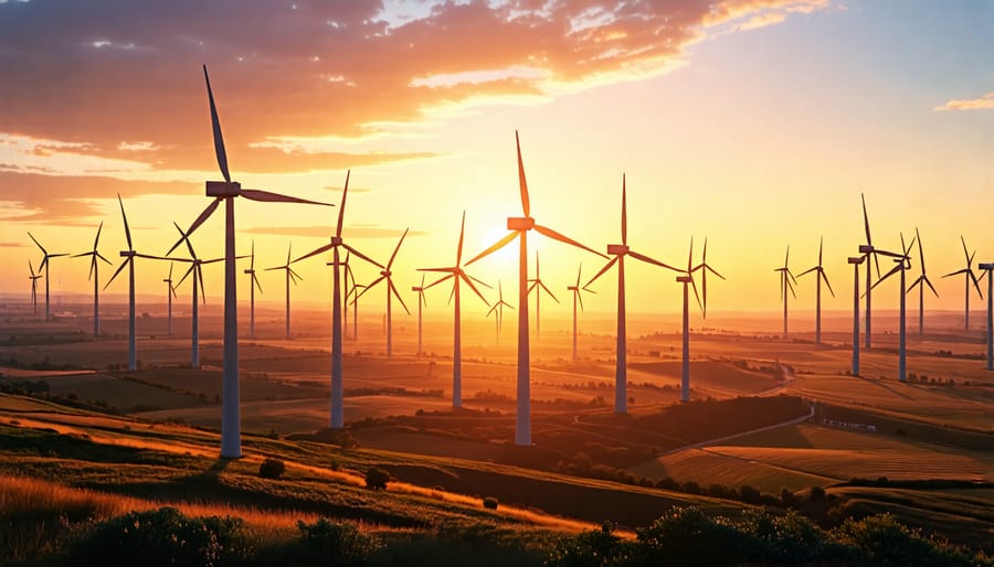 Wind farm with numerous turbines against a sunset backdrop