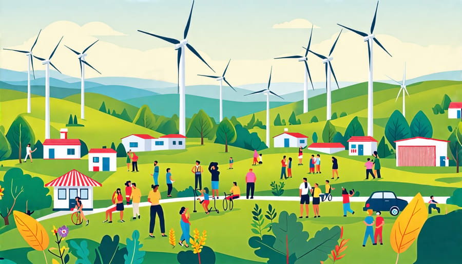 A picturesque community flourishing beneath the backdrop of wind turbines, symbolizing economic growth and environmental sustainability. Diverse community members interact in a lush and vibrant landscape.