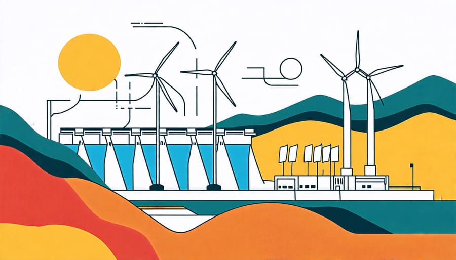 Illustration of pumped hydro storage system integrated with wind energy