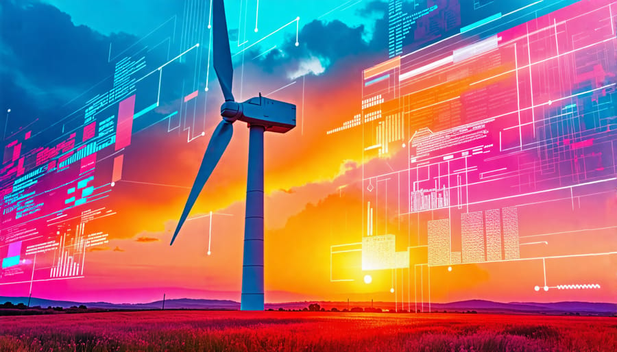 Wind turbine with digital graphics indicating AI optimization processes