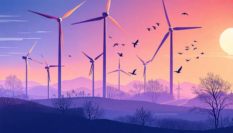 Infographic explaining wind turbines' effect on birds and solutions to minimize collisions