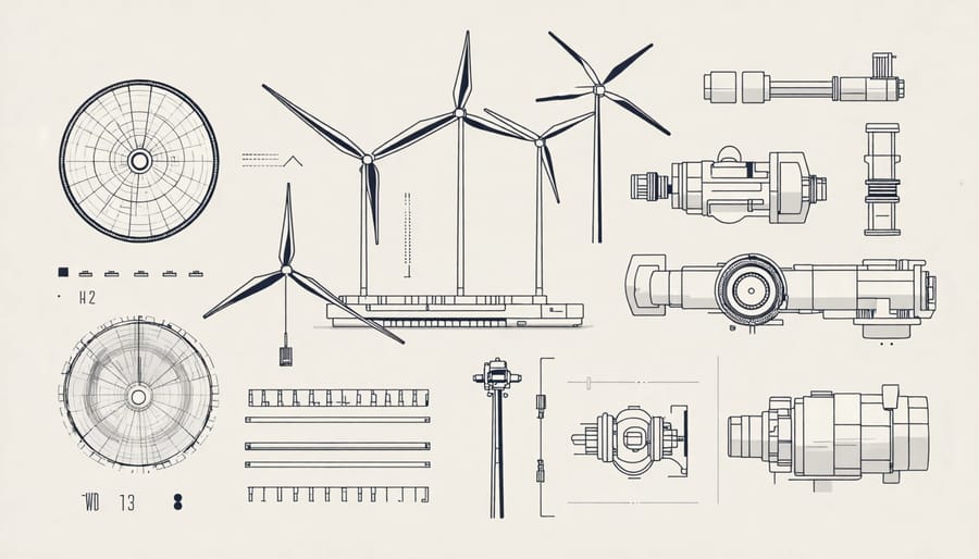 Diagram labeling the main parts of a wind turbine such as the rotor, nacelle, and tower