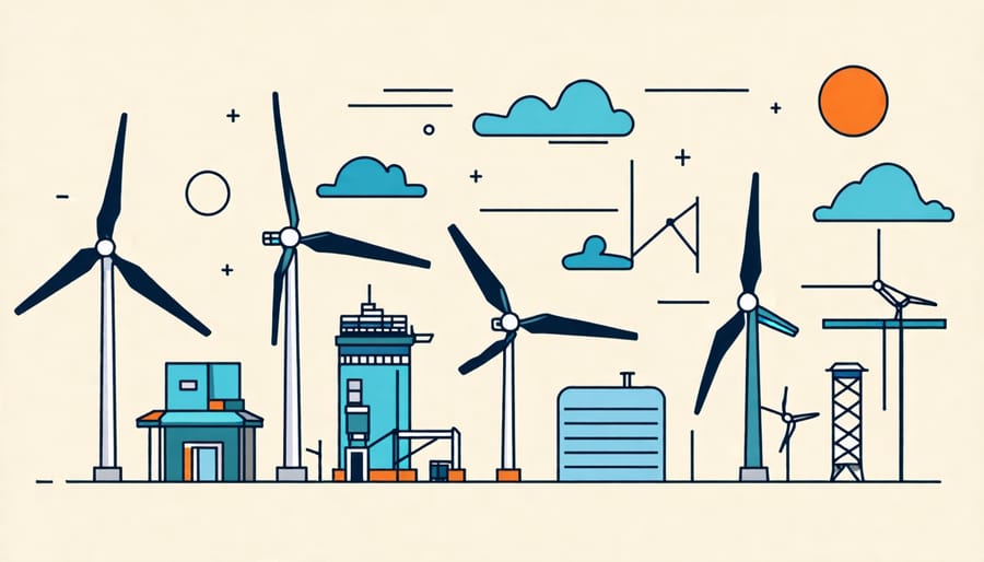 Illustration detailing the components of a wind turbine, highlighting blades, rotor, and generator