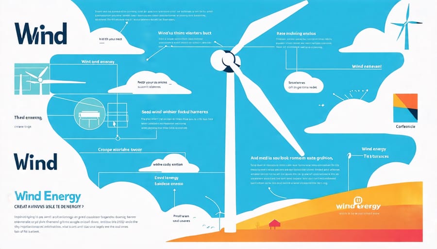 Diagram illustrating a wind turbine and the process of converting wind energy to electricity