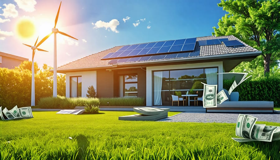 "Suburban home with a wind turbine in the backyard generating clean energy, under a clear blue sky, symbolizing sustainability and financial savings."