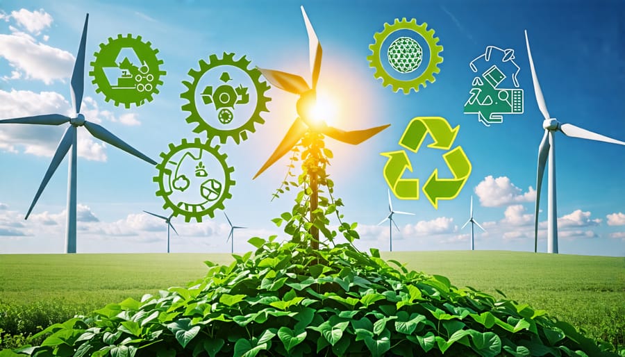 "Conceptual illustration of a wind turbine surrounded by symbols of recycling and sustainability, highlighting mechanical and chemical recycling processes and their role in a circular economy."