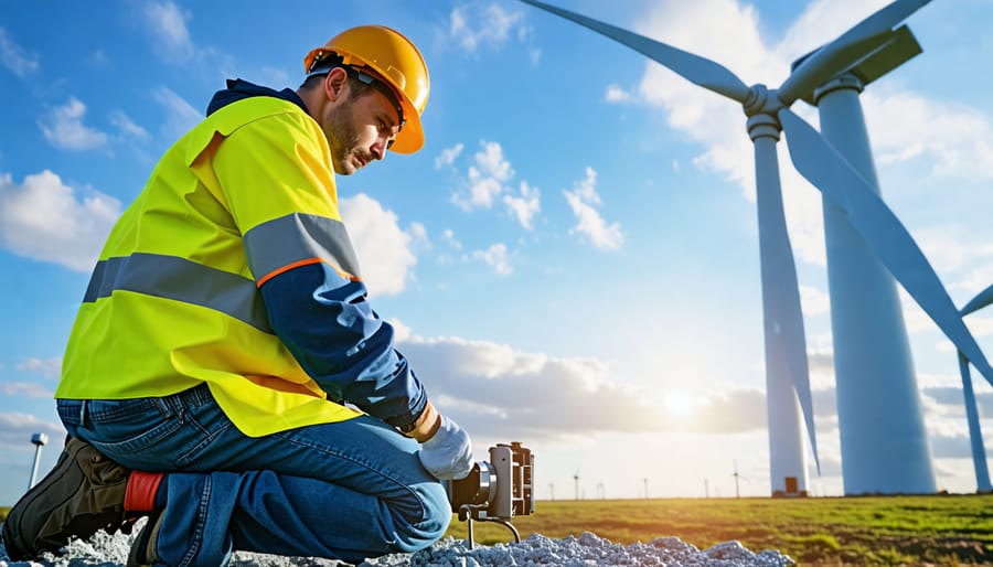 Wind turbine technician in safety gear working at height on a wind turbine