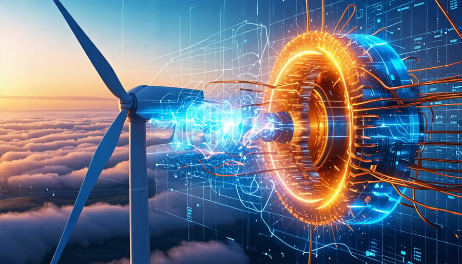 Conceptual illustration of a wind turbine's internal wiring showing electrical energy flow from the blades through the generator to power the grid.