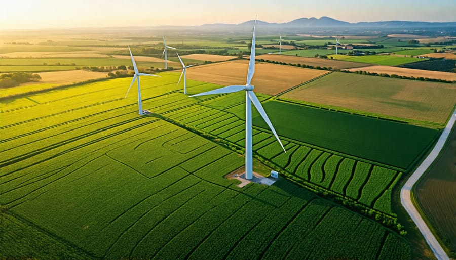 Wind turbines coexisting with agricultural land use, demonstrating efficient land utilization