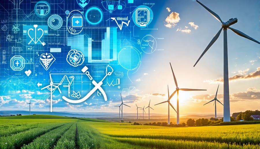 A conceptual image of wind turbines in a rural landscape alongside medical symbols, illustrating the intersection of renewable energy and health considerations.